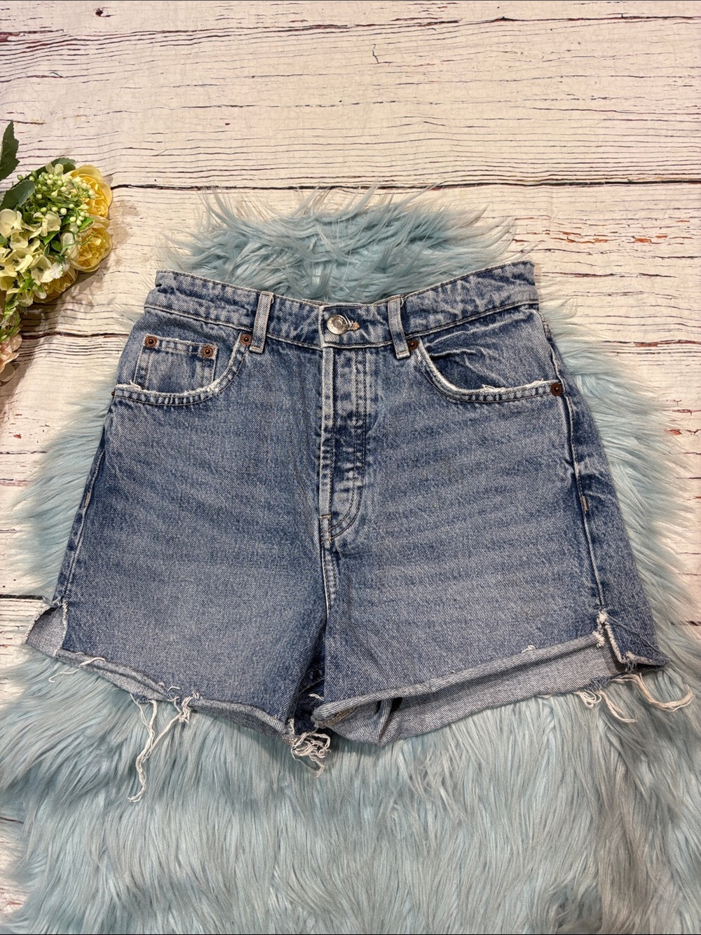 Zara Cut Off Denim Button Fly Medium Wash High Rise Jeans